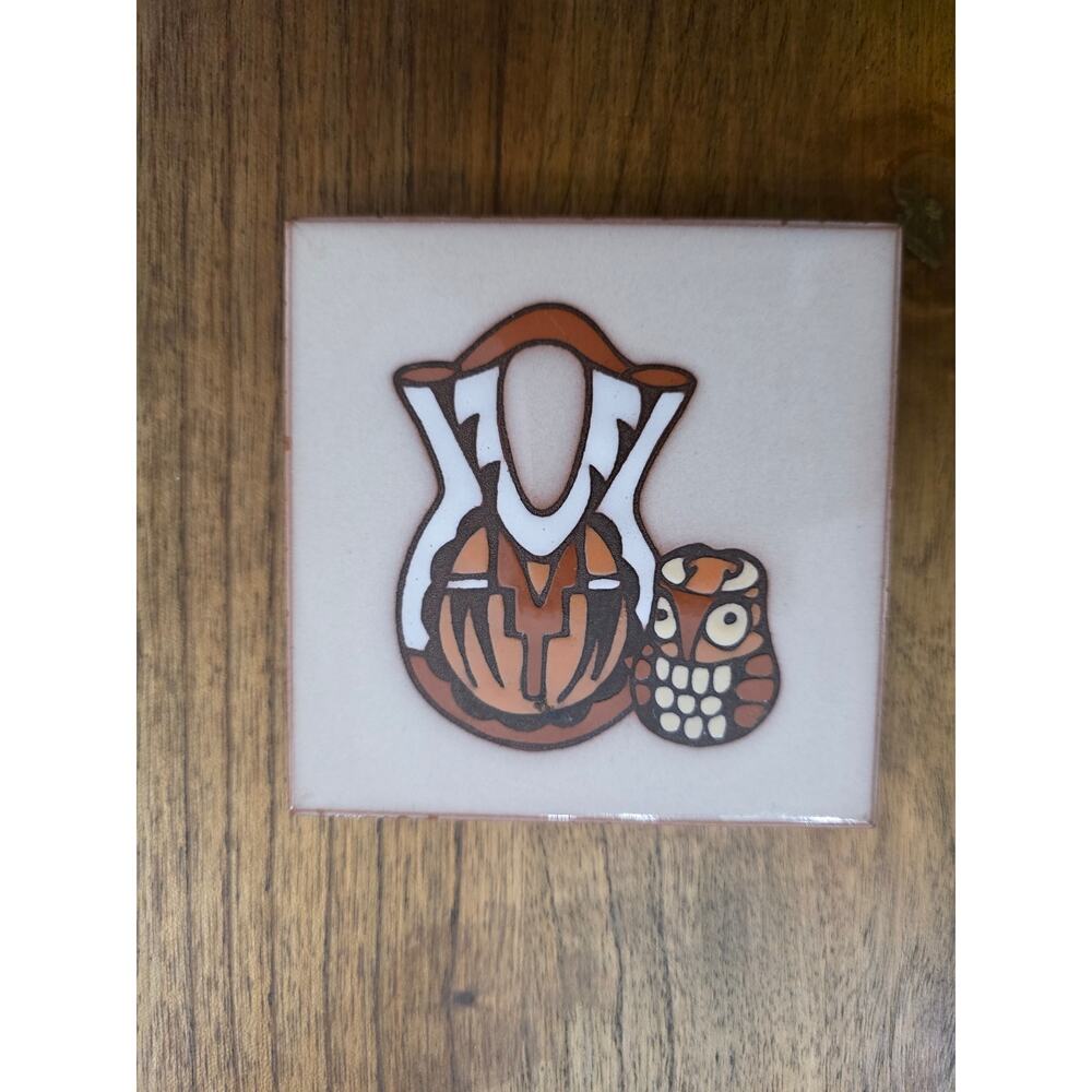 Vintage Brown Stylized Pottery and Owl Vessel Motif Ceramic Tile Folk Art